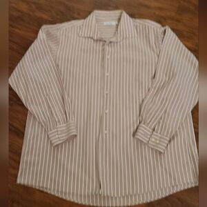 CALVIN KLEIN Men's Tan & White Striped Long Sleeve Button Up Shirt- 17 1/2 34/35